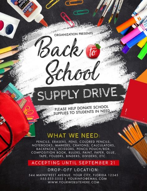 back to school supply drive flyer templates, back to school supply fundraiser flyers, back to school supply donation flyer, school supply giveaway flyers, school drive flyers, educational fundraiser flyers, colorful school supply drive chalkboard streak flyer, school donation flyer, supply drive flyer templates. Back To School Sale Flyer, Donation Flyer, School Donations, School Supply Drive, School Giveaways, Clorox Wipes, Promote Small Business, Fundraiser Flyer, Back To School Sale