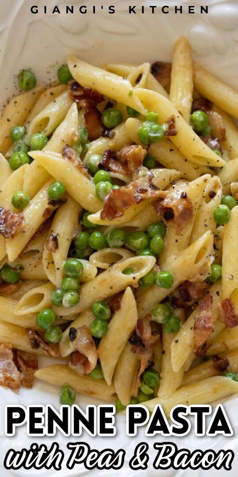 Penne pasta, peas and bacon. Talking about comfort food, pasta is way up there in the list of food that not only is easy to prepare, but everyone enjoys and craves it.This quick, it takes as long as it takes to cook the pasta to have it all ready, it is a savory combination of the sweet peas with crisp onions and bacon. The heavy cream binds it all together blending the flavors well. This is the best pasta dish and comfort food out there. Pasta With Peas And Bacon, Peas And Bacon, Pasta Peas, Pasta With Peas, Food Game, Easy Pasta Dishes, Pasta Dinners, Salad Pasta, Pasta Dinner Recipes