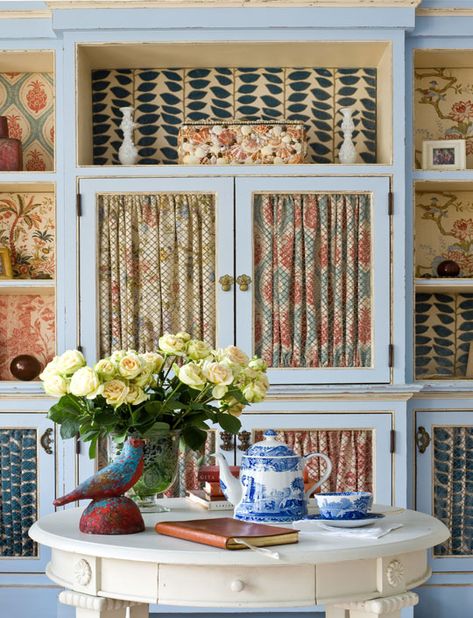 i love all the different patterns Curtain Cupboard, Cabinet Curtains, Blue Cupboard, Chicken Wire Cabinets, Cloth Cabinet, Fabric Chicken, Wire Cabinet, Glass Kitchen Cabinet, Glass Kitchen Cabinet Doors