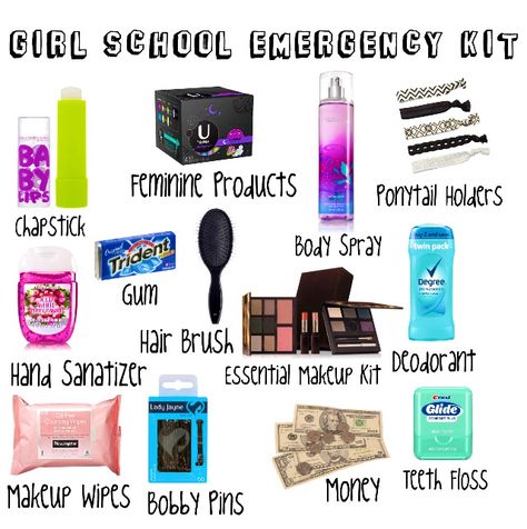 Everything a girl needs in her school emergency kit. Be prepared for any emergency! Pencil Case Organization, Schul Survival Kits, Emergency Kit For Girls, School Emergency Kit, School Hacks Diy, Middle School Survival, Back To University, Middle School Hacks, School Survival Kits