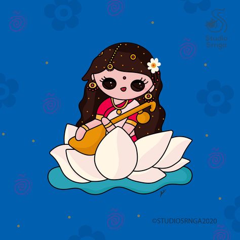 Saraswati, the goddess of learning Saraswati Goddess Cute Cartoon, Saraswati Devi Drawing Easy, Saraswati Puja Aesthetic, Saraswati Drawing For Kids, Saraswati Cartoon, Saraswati Painting Easy, Saraswati Goddess Paintings Easy, Cute Saraswati Goddess, Saraswati Goddess Paintings Abstract