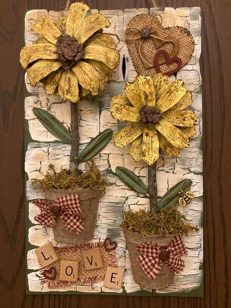 💲Dollar Tree Fanatics Crafts & Decor💲 | Just wanted to share my latest creation | Facebook Summer Dollar Tree Crafts, Fall Pinecone Crafts, Cozy Homestead, Pinecones Crafts, Sunflower Journal, 2023 Crafts, Pinecone Crafts Christmas, Pinecone Crafts, Sunflower Crafts