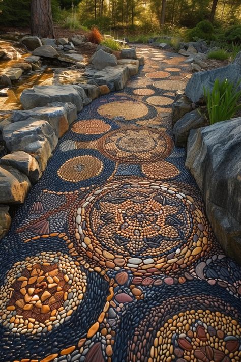 Creative Walkways Pathways, Garden Design Borders, Pebble Mosaic Walkway, Outdoor Mosaic Ideas, Stone Pathways Ideas Walkways, Rock Pathway Ideas, Pebble Landscape, Mosaic Pathway, Stepping Stones Pathway