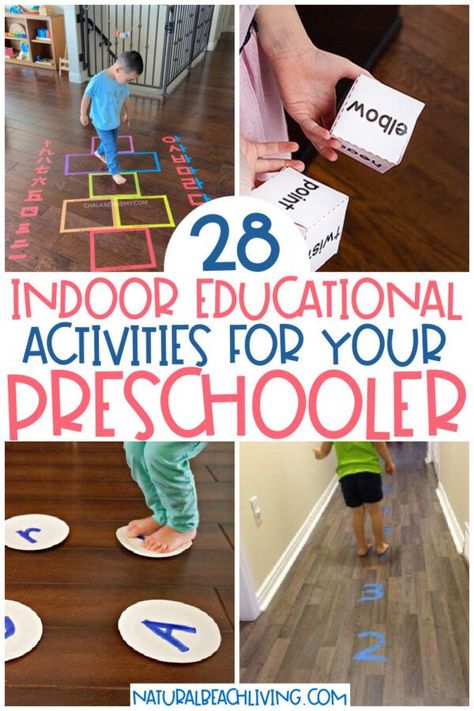 28+ Indoor educational activities for preschoolers that your 3 and 4-year-olds will absolutely love. Indoor Games for Kids and Educational Activities, Learning Activities, Preschool Activities, and Indoor Activities at Home, From energy-busting gross motor activities to quiet time preschool ideas and fine motor practice Family Theme Gross Motor Activities, 4k Activities, Kids Games For Inside, Indoor Preschool Activities, Learning Activities Preschool, Prek Learning, Nanny Activities, Fun Activities For Preschoolers, Early Childhood Education Activities