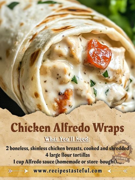 FAMILY RECIPES COMMUNITY | Chicken Alfredo Wraps | Facebook Cheesy Chicken Alfredo Wraps, Chicken Alfredo Wraps, Chicken Alredo, Alfredo Sauce Homemade, Chicken Bacon Alfredo, Alfredo Chicken, Chicken Alfredo Bake, Recipes With Flour Tortillas, Chicken Burritos