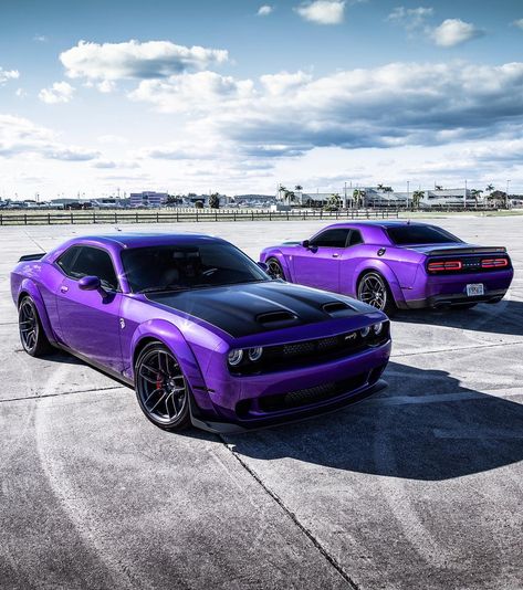 Kyle Fletcher on Instagram: “What’s the best color for a muscle car? Plum Crazy Purple is the name of the color. 2019 HellCat widebody with the dual snorkel hood.…” Elote Fries, Demon Car, Challenger Srt Hellcat, Dodge Challenger Srt Hellcat, Purple Car, Ford Mustang Car, Dodge Muscle Cars, Hellcat Challenger, Mopar Cars