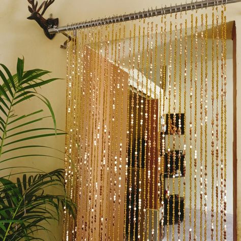 Beads Curtain, Beaded Curtain, Golden Beads Curtain, Golden Curtain, String Curtain, Glass Beads Curtain - Etsy Curtain Tie Backs Diy, Golden Curtains, Beads Curtain, Beaded Door Curtains, Doorway Decor, Door Beads, Crystal Curtains, String Curtains, Beaded Curtain