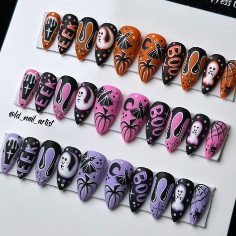 🧡 Orange 🩷 Pink or 💜 Purple? Part of a 9 set order, but I had to pack these guys together, obviously 🤩 I’m always insanely humbled when clients order multiples of the same set design. 🥹 Big thanks to Alaina for such an amazing order 🙏 I’ll post the rest of it lateeeer 🖤🖤 Nails Inspo Purple, Nailart Simple, Tree Nail Art, Cartoon Nails, Kawaii Nail Art, Spooky Nails, Makeup Drawing, Korean Nail Art, Beauty Nails Design