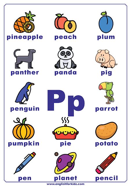 English alphabet poster to learn letter P P Words Preschool, Letter Posters Preschool, P Words Letter, P Is For, Letter P Preschool, Letter P Craft, Letter L Words, English Alphabet For Kids, Preschool Alphabet Letters