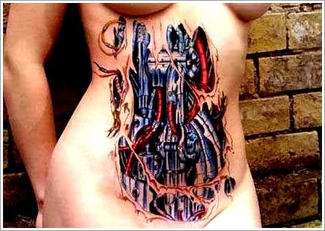 35 Bio-Mechanical Tattoo Designs Terminator Tattoo, Clockwork Tattoo, Mechanical Tattoo, Ripped Skin Tattoo, Biomech Tattoo, Abdomen Tattoo, Biomechanical Tattoo Design, Tatoo 3d, Fashion Installation