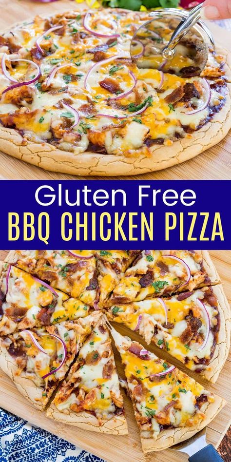 This flavor-packed Gluten Free Barbecue Chicken Pizza is the easy way to enjoy a restaurant favorite at home. Start with homemade gluten free pizza dough or a pre-made crust, then cover it with BBQ sauce, shredded chicken, three kinds of cheese, and more. You won't be able to stop at one slice! Gluten Free Bbq Chicken, Homemade Bbq Chicken Pizza, Bbq Chicken Pizza Recipe, Bbq Chicken Flatbread, Gluten Free Pizza Recipes, Chicken Pizza Recipe, Gluten Free Pizza Dough, Gluten Free Bbq, Barbecue Chicken Pizza