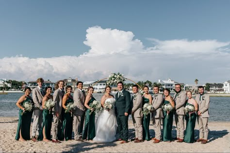 Emerald Green Groomsmen Attire Groom & Groomsmen Suits, Green And Champagne Wedding Party, Forest Green Beach Wedding, Dark Green Groom Suit Bridesmaid Dresses, Groomsmen Bridesmaids Color Schemes, Emerald Beach Wedding, Groomsmen Attire Green Color Schemes, Groomsmen Emerald Green, Emerald Green Beach Wedding