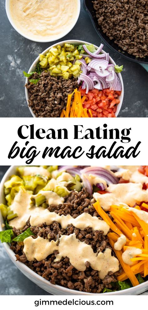 Cheeseburger salad loaded with ground beef, lettuce, tomato, onion and a special big mac sauce that tastes just like the big mac from McDonald’s without the added carbs and fats! Make this easy healthy recipe at gimmedelicious.com Protein Salad Recipes, Mac Salad Recipe, Cheeseburger Salad, Mac Sauce Recipe, Healthy Hamburger, High Protein Salads, Big Mac Sauce, Mac Sauce, Big Mac Salad