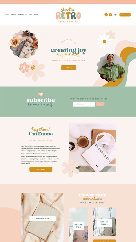 Retro website design template for Squarespace with groovy flowers and seventies colors. Retro Website Design, Retro Website, Boho Website, Cute Website, Design Sites, Website Design Inspiration Layout, Blog Website Design, Colorful Website, Retro Logo Design