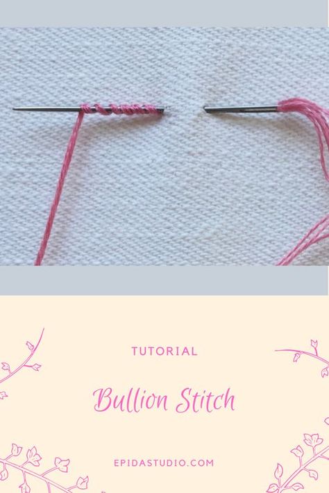 How To Do Bullion Stitch, Embroidery Bullion Stitch, Bullion Stitch Tutorial, Bullion Embroidery Tutorial, Bullion Stitch Embroidery Design, Bullion Stitch Embroidery, Tambour Stitch, Embroidery Redwork, Tambour Hook