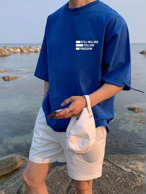 Short And T Shirt Outfit Men, Short And Tshirt Outfits Men, Male Style Summer, Blue Outfit Men Casual, Outfit Short Hombre, Blue Short Sleeve Shirt Outfit, Blue And White Outfit Men, Men Short Outfits, Short Outfits Hombre