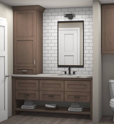 Single Vanity Master Bath, Bathroom Vanity With Linen Cabinet, Vanity With Linen Cabinet, Bathroom Redecorating, Master Bath Vanity, Diy Bathroom Vanity, Linen Cabinets, Floating Bathroom Vanity, Master Bath Remodel