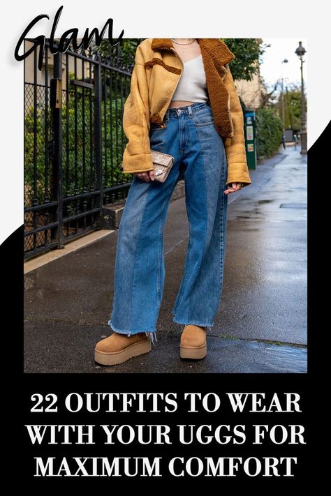 Ugh Platforms Outfits, Outfit Ideas With Platform Uggs, Ugg Women Outfit, Ugg Ultra Mini Platform Boots Outfit, Ugg Funkette Platform Outfits, Overalls With Uggs, Ugg Platforms Outfit, Ugg Ankle Boots Outfit Winter, Baggy Jeans Uggs Outfit