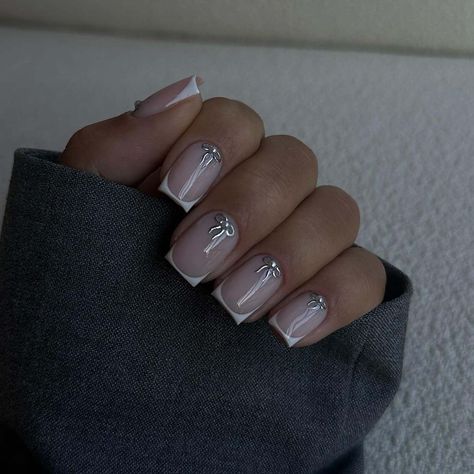 11. French Tip Nails With Silver, White French Tip Nails, Short Nail Inspo, Bows And Pearls, Nails With Silver, White Tip Nails, Builder Gel Nails, White And Silver Nails, Square Nail Designs