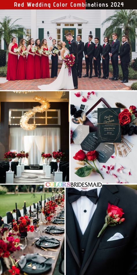 Top 40+ Wedding Colors for All Seasons and Colors - ColorsBridesmaid Black And Red Wedding Party Attire, Red Black And Champagne Wedding, Black And White Wedding With Red Accent, Red Color Theme Wedding, Red White Black And Gold Wedding, Black And Red Wedding Party, Hot Pink And Black Wedding Theme, Black White And Red Wedding Theme, Wedding Ideas Red And Black