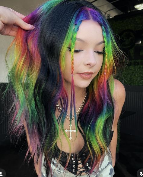 Rainbow Black Hair, Vivid Rainbow Hair, Rainbow Ghost Roots, Oil Spill Hair Blonde, Vivid Placement, Lisa Frank Hair, Rainbow Money Piece Hair, Black Tips Hair, Black And Rainbow Hair