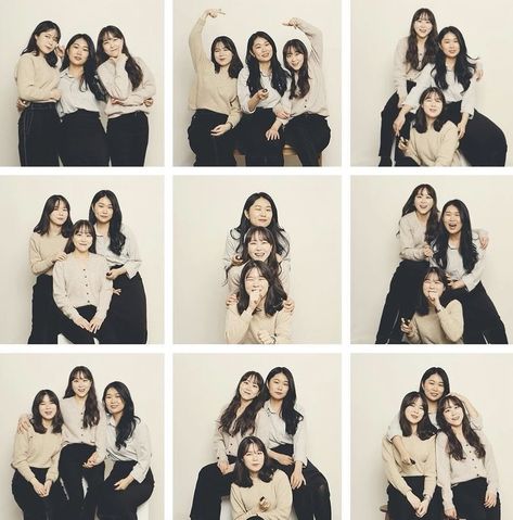 Friends Self Photo Studio, Poses For Square Face, Korean Friends Photoshoot, Self Photo Studio Pose Trio, Trio Pose Ideas Photoshoot, Photo Poses 3 People, Trio Studio Photoshoot, Self Shoot Studio Poses Friends, Picture Poses 3 People