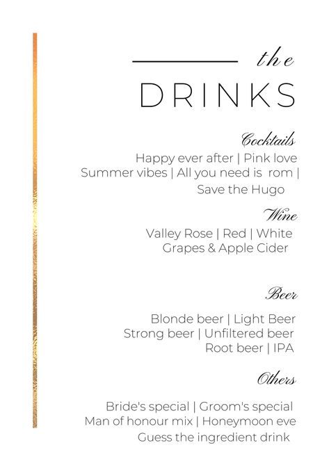 Party Drink Menu Bar Signs, Salon Drink Menu Ideas, Wine Bar Menu Ideas, Birthday Drink Menu Ideas, 21st Birthday Drink Menu Ideas, Drinks Menu Design Ideas, Drink Menu Ideas, Drinks Menu Design, Bar Menu Design