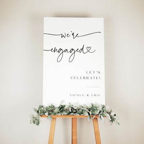 This Engagement Sign is a digital editable template, using Templett.com. Edit right in your web browser. It features a refined typography and Minimalist style. This We Are Engaged Sign will be the perfect touch for your Engagement party, Wedding or Rehearsal dinner.  You will receive an access link within minutes after purchase to your email. Make your edits (wording, font, background color etc.), download and print at home or with print shop/copy center/photo lab. Please try free demo before pu Engagement Minimalist Decor, Engagement Party Signs Diy, At Home Engagement Party, Simple Engagement Party, Engagement Party Welcome Sign, Engagement Party Sign, Engagement Party Diy, Font Background, Engagement Signs