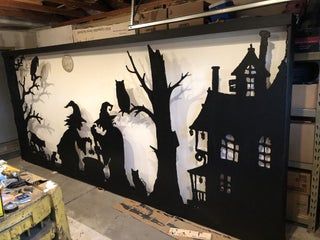 Halloween Silhouette for a Large Garage Door : 6 Steps (with Pictures) - Instructables Garage Silhouette Halloween, Halloween Garage Door Silhouette, Outdoor Wooden Halloween Decorations, Halloween Siloutes, Diy Halloween Silhouettes, Halloween Sillouette Art Free, Halloween Silhouettes Templates, Garage Door Halloween Decor, Holiday Silhouettes