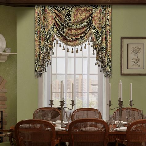 PRICES MAY VARY. LUXURY WATERFALL VALANCE - Loom and Mill Vintage and Opulent Jacquard Waterfall Valance combines a unique leopard print with a classical floral pattern for a wild and delicate look. Graceful lace and flexible tassels enhance the drape of the valance. Add the right touch of wildly romantic to any window. THOUGHTFULLY SIZED - The single valance width is 39", swag near 27" long, cascade 41" long. The swag curtain has a 3-inch rod pocket that fits a curtain rod up to 1.5" in diamete Valances For Windows, Luxury Window Treatments, Waterfall Valance, Cafe Window, Swag Curtains, Banquet Decorations, Window Bed, Curtain Valance, Printed Curtains