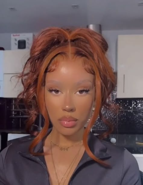 Ginger Hair Black Women Green Dress, Wig Hairstyles Ginger, Ginger Updo Black Women, Ginger Prom Hair, Copper Hairstyles Black Women, Nails Inspo Trendy 2023, Pelo Color Cobre, Black Girls With Ginger Hair, Hot Pink Lip