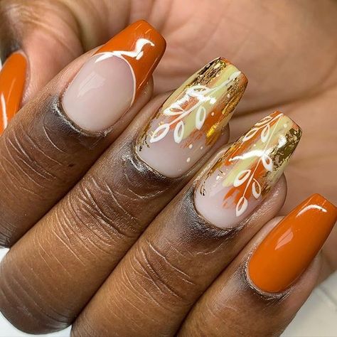 These Fall Nail Looks Will Get You in the Autumn Spirit Burnt Orange And Gold Nails, Orange Nail Art Designs, Fall Inspired Nails, Nail Ideas For Fall, Orange Nail Art, Autumn Florals, Negative Space Nail Art, Aqua Nails, Orange Nail Designs