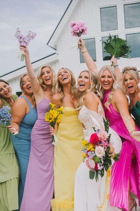 Haleigh & Evan's summer wedding at The Sixpence Bright Summer Wedding Bridesmaids, Bright Wedding Palette, Bright Wedding Theme, Bright Bridesmaids, Bright Bridesmaid Dresses, Colorful Wedding Decor, Bold Wedding Colors, Wedding Floral Arch, Whimsy Wedding