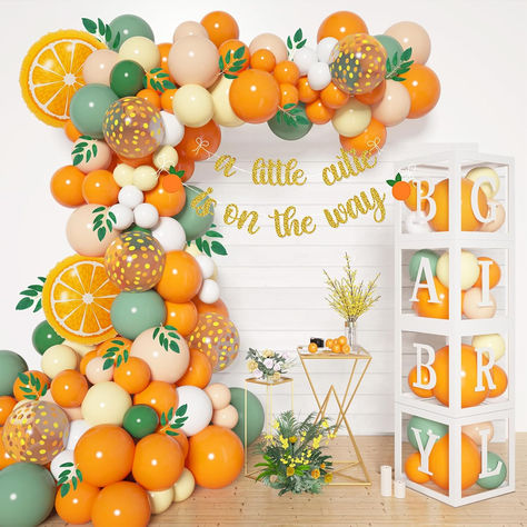 Cutie Is On The Way, Baby Shower Fruit, Fiesta Shower, Citrus Baby, Orange Baby Shower, Boy Baby Shower Ideas, Baby Shower Theme Decorations, Orange Balloons, 1st Birthday Party Decorations