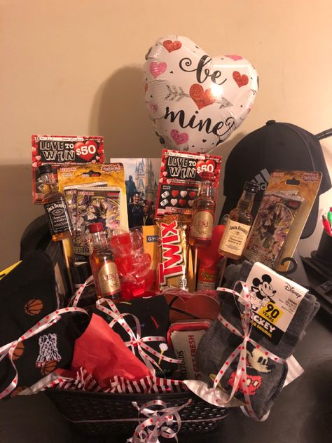 Made a little gift basket for my bf last Valentine’s Day. Included socks, candy, an adidas hat, alc, and some lotto cards. Valentines Snack Basket For Him, Gift Basket For Stud Girlfriend, Valentine’s Day Boyfriend Basket, V Day Basket For Him, Gift Basket For Boyfriend Valentines, Valentine’s Basket For Him, Valentine Basket For Him, Valentines Baskets For Boyfriend, Basket For Boyfriend Valentines