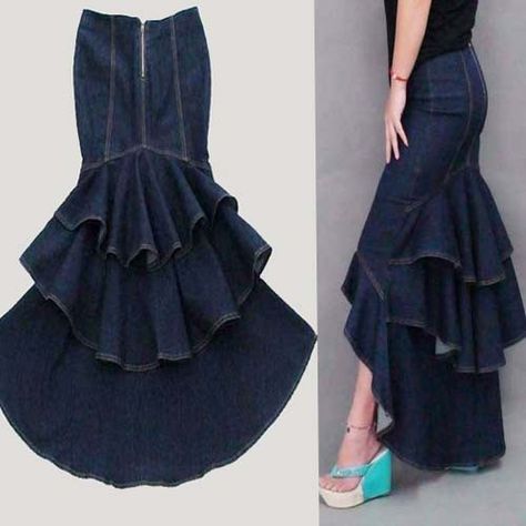 Detail Couture, Denim Ideas, Fishtail Skirt, Trendy Skirts, Jeans Fabric, Sewing Skirts, Mermaid Skirt, Denim And Lace, Pleated Maxi