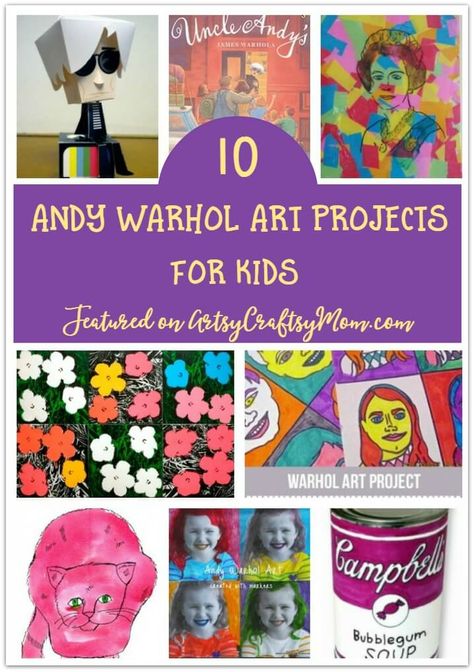 Create 10 crafts inspired by the legendary artist Andy Warhol! Great addition to art class for elementary kids! Andy Warhol Pop Art, Pop Art For Kids, Andy Warhol Art, Warhol Art, Art Projects For Kids, Art Lessons For Kids, Ecole Art, Homeschool Art, Artists For Kids