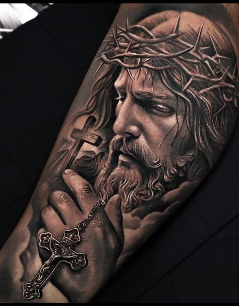 Last Supper Forearm Tattoo, Mens Religious Tattoos, Religious Arm Sleeve Tattoos, Christian Realism Tattoo, Jesus Sleeve Tattoo Men, Men’s Around Knee Tattoo, Jesus Sleeve Tattoos For Women, Cross Arm Tattoo For Men, Jesus Tattoos Men