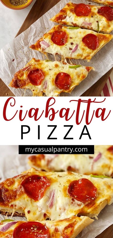 This Ciabatta pizza bread has all of the crispy, chewy, cheesy vibes that I crave. Bakery-fresh bread is the perfect vehicle for my favorite pizza toppings. Ciabatta Bread Meals, Things To Make With Ciabatta Bread, Easy Ciabatta Sandwich Recipes, Recipes Using Ciabatta Bread, Ciabatta Pizza Recipe, Ciabatta Bread Pizza, Recipes Using Ciabatta Rolls, Ciabatta Ideas, Speciality Breads