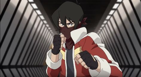 Keith in a martial arts pose in karate to fight the bad guys to try to save Shiro from Voltron Legendary Defender Gloves, Red, Anime, White, Black