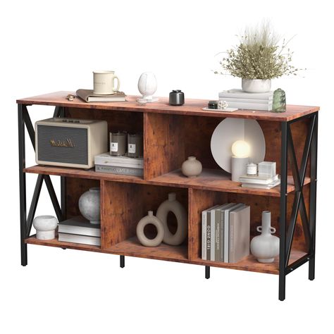 PRICES MAY VARY. [5-Cube Storage Organizer Wide Bookshelf] Low horizontal bookcase combination of rustic oak board and black metal frame flawlessly blends modern and traditional styles. The farmhouse-inspired design adds a charming rustic touch to your space, bring an industrial touch to your home. [Durable Materials ] Cube storage bookshelf is crafted from high-grade MDF and features a long-lasting heavy-duty metal frame,this cube bookcase stands strong without any wobbling. The chunky shelves Cube Storage Office, Large Book Shelf, Horizontal Bookshelf, Chunky Shelves, 9 Cube Storage, Horizontal Bookcase, Wide Bookshelf, Tv Stand Bookshelf, Cube Storage Organizer