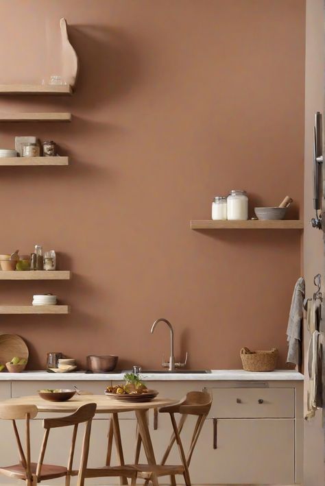 color matching paint, kitchen design, home interior design, wall paint for kitchen Peach Walls Kitchen, Clay Paint Interior, Rust Color Kitchen Walls, Clay Coloured Walls, Terracota Kitchen Wall, Kitchen Ideas Wall Color, Rust Kitchen Walls, Clay Colored Kitchen, Neutral Cabinet Paint Colors