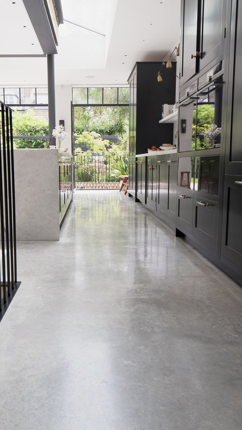 Hannah discovered our polished concrete on social media and fell in love with Cool Grey. The satin finish works beautifully with bright open windows providing ample natural and reflected light ✨ Concrete Floor Room Ideas, Polished Concrete Floor Ideas, Poured Concrete Floor Kitchen, Stained Polished Concrete Floors, House With Concrete Floors, Concrete Floor In Kitchen, Kitchen With Polished Concrete Floor, Polished Concrete Garage Floor, Polished Concrete Kitchen Floor