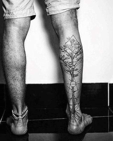 50 Geometric Leg Tattoos For Men - Masculine Design Ideas Tree Leg Tattoo, Leg Tattoo Designs, Biomech Tattoo, Leg Tattoos For Men, Calf Tattoo Men, Back Of Leg Tattoos, Tattoo Perna, Tattoo Homme, Tattoo Ideas Males