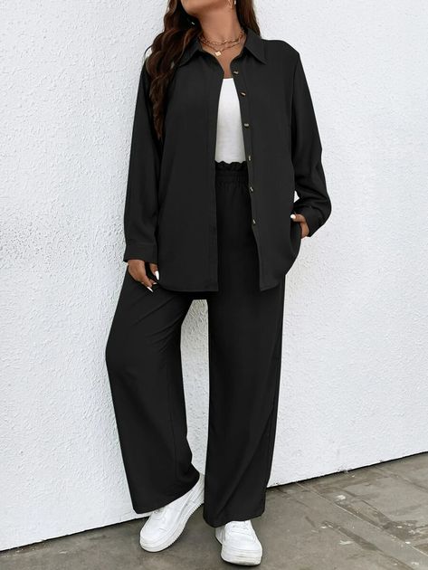 Plus Solid Button Front Shirt & Paperbag Waist Wide Leg Pants | SHEIN ASIA Outgoing Outfits, Two Piece Outfits Pants, Work Vibes, Diy Fashion Hacks, Trouser Outfits, Large Clothes, Travel Outfits, Classy Casual Outfits, Classy Casual