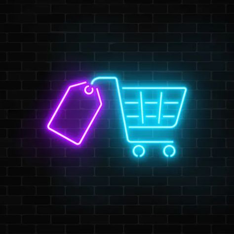 Neon supermarket sale sign with shopping cart Vector Image Dark Brick Wall, Supermarket Design Interior, Logo Online Shop, Neon Box, Neon Sign Art, Sale Sign, Supermarket Design, Box Icon, Salon Signs