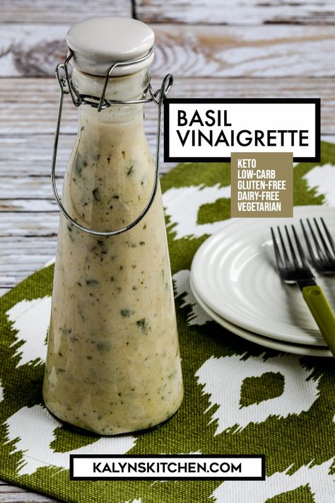 Pinterest image for Basil Vinaigrette in a dressing bottle with two plates and forks on the side all on a green napkin with white splotches. Basil Vinaigrette Dressing, Salad Dressing Recipes Vinaigrette, Low Carb Dressing, Keto Salad Dressing, Summer In A Bottle, Salad Dressing Recipes Healthy, Basil Vinaigrette, Food Fest, Meatless Recipes