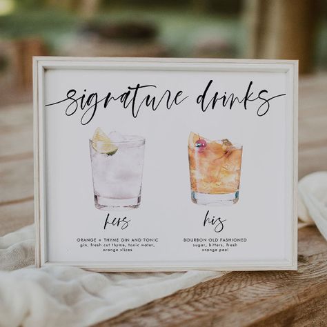 modern signature drinks wedding sign bar sign Signature Drinks Wedding, Bourbon Old Fashioned, Drinks Wedding, Signature Wedding Drinks Sign, Drinks Sign, Wedding Signature Drinks, Bar Menu Wedding, Signature Drinks Sign, Modern Minimalist Wedding