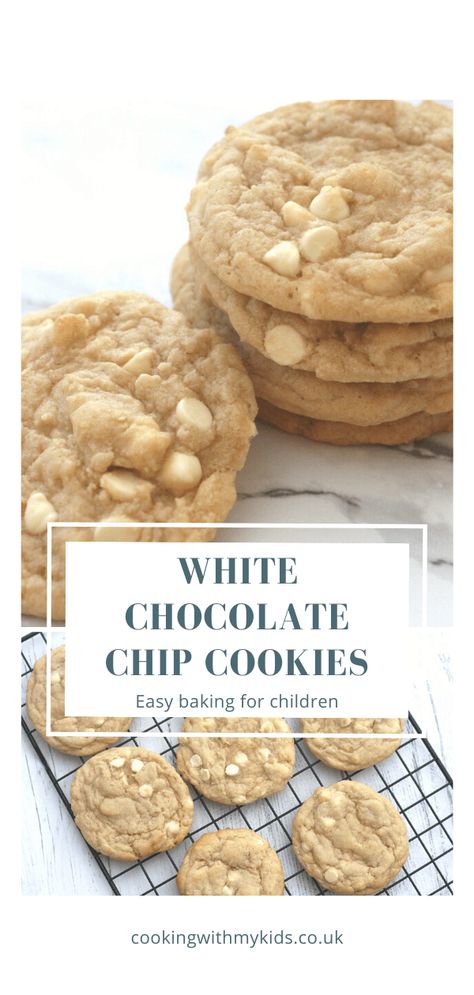 White chocolate chip cookies - Cooking with my kids Chewy Recipes, White Choc Chip Cookies, White Chocolate Chip Cookies Recipes, Poetry Teatime, Easy To Make Cookies, White Chocolate Recipes, Cookies Soft, White Chocolate Chip, Easy Chocolate Chip Cookies