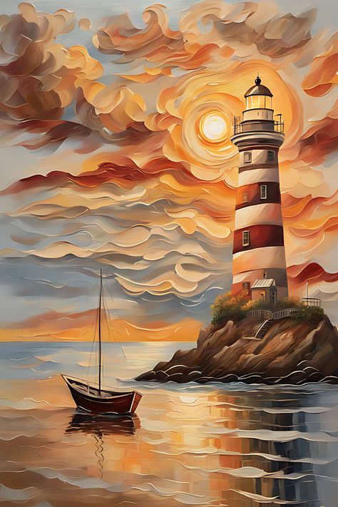 Seascape with a boat on the water a lighthouse on the shore and a sun setting behind the clouds Painting Of A Lighthouse, Lighthouse Landscape Painting, Lighthouse Oil Painting, Light House Art, Seascape Drawing, Painting Lighthouse, Boats Painting, Lighthouse Drawing, Boat Drawing